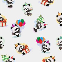 Naklejka premium Panda baby bear celebrates birthday seamless pattern vector