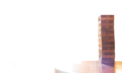 Brick block wood toy game build tower square pull education risk business strategy plan idea progress management leadership marketing investment solution skill organization white background copyspace