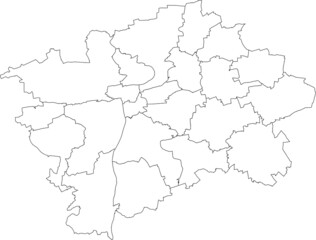 Simple white vector map with black borders of municipal districts of Prague, Czech Republic