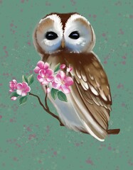 Graphic composition, owl on a branch of apple tree. Apple blossom, owl.