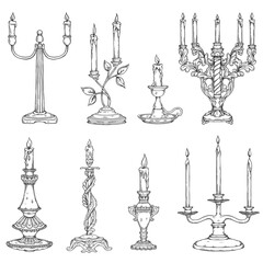 Vintage old candlesticks with candles a set of vector line art illustrations. - obrazy, fototapety, plakaty