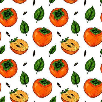 Colorful seamless pattern with hand drawn persimmon fruits and slices. Vector illustration in colored sketch style.