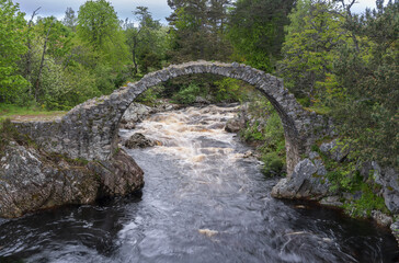 The old packhorse bridge in Carrbridge in the Cairngorms National Park is the oldest stone bridge across the River Dulnain in the Highlands , Scotland