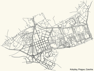 Fototapeta na wymiar Black simple detailed street roads map on vintage beige background of the municipal district Kobylisy cadastral area of Prague, Czech Republic