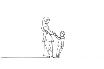Single one line drawing of young Arabian mom and son playing and holding together at home vector illustration. Happy Islamic muslim family parenting concept. Modern continuous line graphic draw design