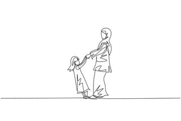 Single one line drawing of young Arabian mom and daughter holding hand, playing together vector illustration. Happy Islamic muslim family parenting concept. Modern continuous line graphic draw design