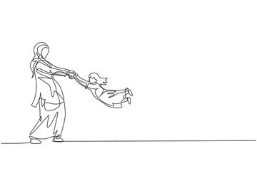 Single continuous line drawing of young Arabian mother playing and swinging her daughter fly. Islamic muslim happy family parenthood concept. Trendy one line graphic draw design vector illustration