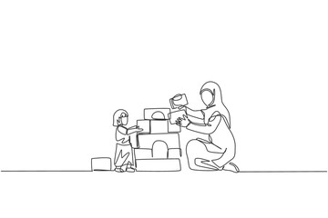 Single continuous line drawing of young Islamic mom playing block foam brick house with daughter at home, happy parenting. Arabian family care concept. Trendy one line draw design vector illustration