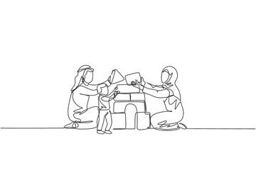 Single continuous line drawing of young Arabian couple playing brick foam puzzle house with their son. Islamic muslim family care, parenthood concept. Trendy one line draw design vector illustration
