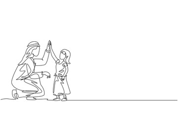 Fototapeta na wymiar One continuous line drawing of young Islamic dad give high five gesture to his daughter girl. Happy Arabian muslim loving parenting family concept. Dynamic single line draw design vector illustration