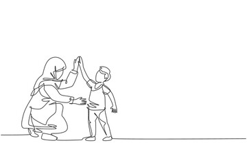 Fototapeta na wymiar One single line drawing of young Arabian mom giving high five gesture to her son boy before go to school vector illustration. Happy Islamic muslim family parenting concept. Continuous line draw design