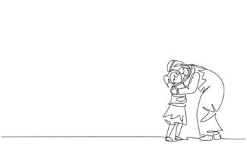 One single line drawing of young Arabian dad hug daughter girl before go to school at the morning vector illustration. Happy Islamic muslim family parenting concept. Modern continuous line draw design