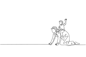 Fototapeta na wymiar One single line drawing of young Islamic boy son playing and riding on his dad's back at home vector illustration. Happy Arabian muslim family parenting concept. Modern continuous line draw design