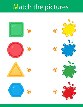 Match by color. Puzzle for kids. Matching game, education game for children. Geometric shapes. What color are the objects?