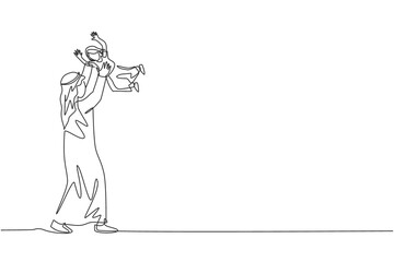 Obraz premium One continuous line drawing of young Islamic dad playing and lifting his daughter up into the air. Happy Arabian loving parenting family concept. Dynamic single line draw design vector illustration