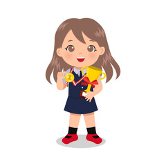 Smart girl in school uniform with gold medal and trophy. Educational clip art. Flat vector cartoon design isolated 