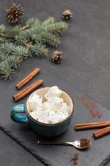 Ice cream in ceramic mug. Cinnamon sticks and pieces of chocolate on table