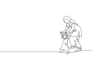Fototapeta na wymiar One single line drawing of young Arabian mom holding her daughter's hand, learn to walk vector illustration. Happy Islamic muslim family parenting concept. Modern continuous line draw design
