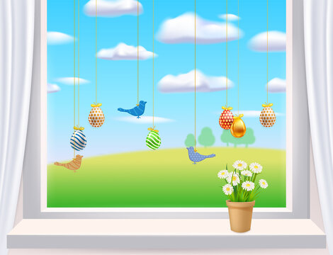 Easter window inerior with colored Easter eggs and birds. Colorful spring flowers chamomile, dandelions in pot. Vew on country rural landscape. Spring holiday poster, greeeting card, flyer vector