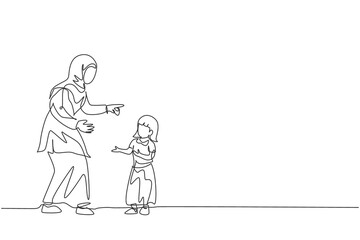 One continuous line drawing of young Arabian mom talk and reprimand her daughter's attitude. Happy Islamic muslim loving parenting family concept. Dynamic single line draw design vector illustration