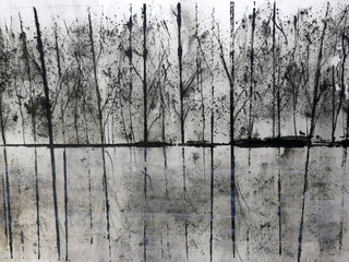 watercolor painting ink landscape forest fog . Traditional oriental. asia art style. © Atichart 