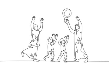 One continuous line drawing of young Arabian couple playing throwing ball together with daughter and son. Happy Islamic muslim parenting family concept. Single line draw design vector illustration