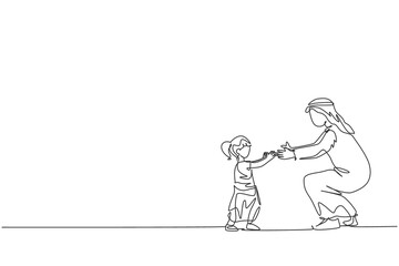 Fototapeta na wymiar Single continuous line drawing of young Arabian dad teach how to walk to his daughter toddler at home. Islamic muslim happy family fatherhood concept. Trendy one line draw design vector illustration