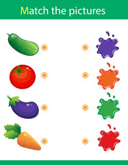 Match by color. Puzzle for kids. Matching game, education game for children. Vegetables. What color are the objects? Worksheet for preschoolers.