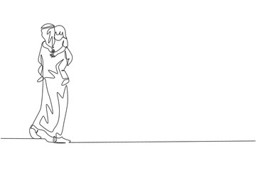 One single line drawing of young Islamic dad carrying and hugging his sleepy daughter to bedroom vector illustration. Happy Arabian muslim family parenting concept. Modern continuous line draw design