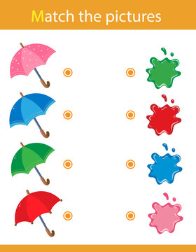 Match by color. Puzzle for kids. Matching game, education game for children. Umbrellas. What color are the objects? Worksheet for preschoolers.