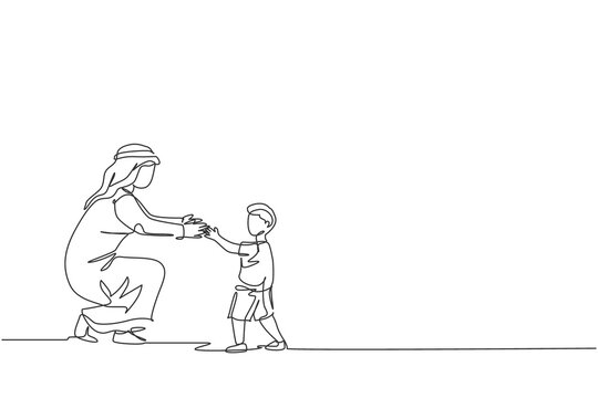 One Continuous Line Drawing Of Young Arabian Boy Holding His Father's Hand To Learn How To Walk. Happy Islamic Muslim Parenting Family Concept. Dynamic Single Line Draw Design Vector Illustration