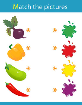 Match by color. Puzzle for kids. Matching game, education game for children. Vegetables. What color are the objects?  Worksheet for preschoolers.