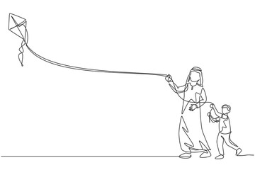 One continuous line drawing of young Arabian father and his son playing kite together at public park. Happy Islamic muslim parenting family concept. Dynamic single line draw design vector illustration