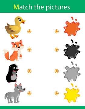 Match by color. Puzzle for kids. Matching game, education game for children. What color are the animals? Fox, wolf, mole, duckling. Worksheet for preschoolers.
