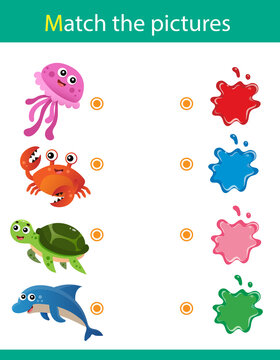 Match by color. Puzzle for kids. Matching game, education game for children. What color are the sea creatures? Dolphin, turtle, crab, octopus. Worksheet for preschoolers.