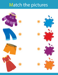 Match by color. Puzzle for kids. Matching game, education game for children. What color are the clothes? Worksheet for preschoolers.
