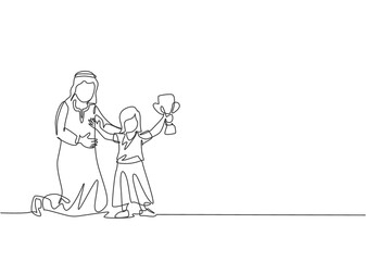 One single line drawing of young Arabian dad congratulate her daughter to win the award trophy vector illustration. Happy Islamic muslim family parenting concept. Modern continuous line draw design