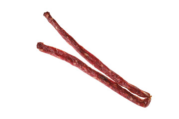 Overhead view of air dried deer and pork sausage isolated on white