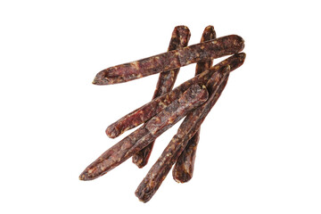 Top view of dried jerked deer and pork sausage isolated on white