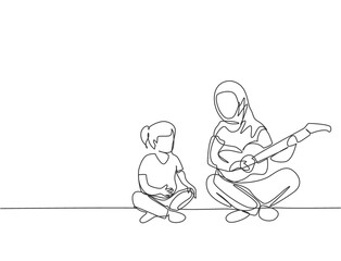 One single line drawing of young Arabian mother playing guitar to accompany her daughter singing vector illustration. Happy Islamic muslim family parenting concept. Modern continuous line draw design