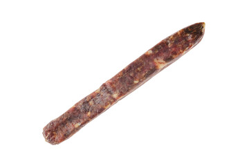 Top view of dried jerked deer and pork sausage isolated on white