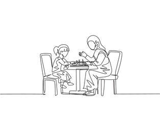 Fototapeta na wymiar Single continuous line drawing of young Arabian mom teach her daughter strategy and each pawn moves while play chess. Islamic happy family motherhood concept. One line draw design vector illustration