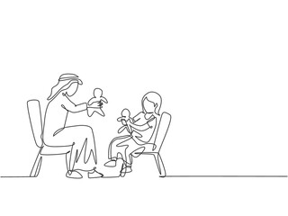 Fototapeta na wymiar One continuous line drawing of young Arabian dad and daughter playing doll to wait fasting break. Happy Islamic muslim parenting family concept. Dynamic single line draw design vector illustration