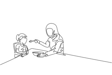 Fototapeta na wymiar Single continuous line drawing of young Islamic mom feeding healthy food to daughter at breakfast time. Arabian muslim happy family motherhood concept. Trendy one line draw design vector illustration