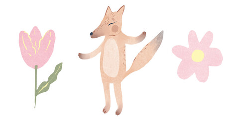 illustration of cute cartoon foxes, leaves, berries, mushrooms with hello spring text message