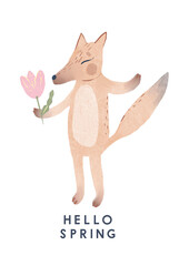 illustration of cute cartoon foxes, leaves, berries, mushrooms with hello spring text message