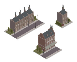 Set of vector isometric gothic houses. Vector illustration of vintage living block. London fairy buildings. Victorian, gloomy, dark and old style. City element. Street buildings. Suburban house. Hotel