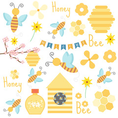 Set of cute bees elements. Honey bees decorations clipart collection . Vector illustration.