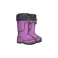 Purple rubber boots with tied top laces. Wellington style pair of shoes