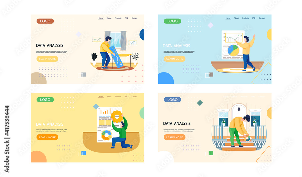 Poster data analysis landing page template set with business research concept and analysis of statistical i
